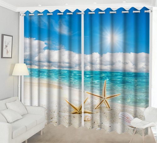 Blue Ocean Beach Starfish 3D 2 Panels Window Curtains Blockout Drapes Fabric - Picture 3 of 11