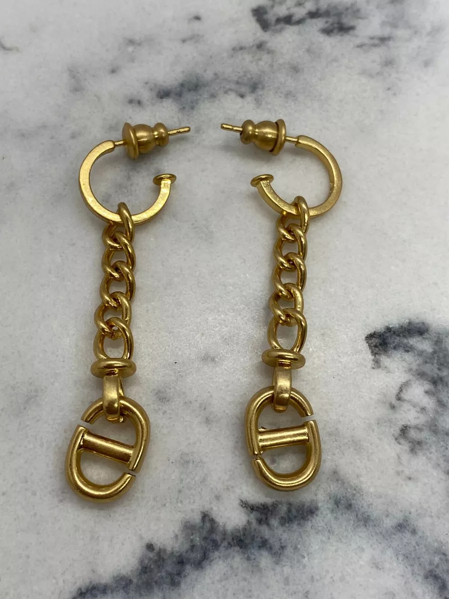 Auth CHRISTIAN DIOR Brass Tone Pendant Earrings Pre owned