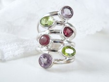 Sterling Silver 925 Multi Row Gemstone Peridot Amethyst Ring Fits Size 8