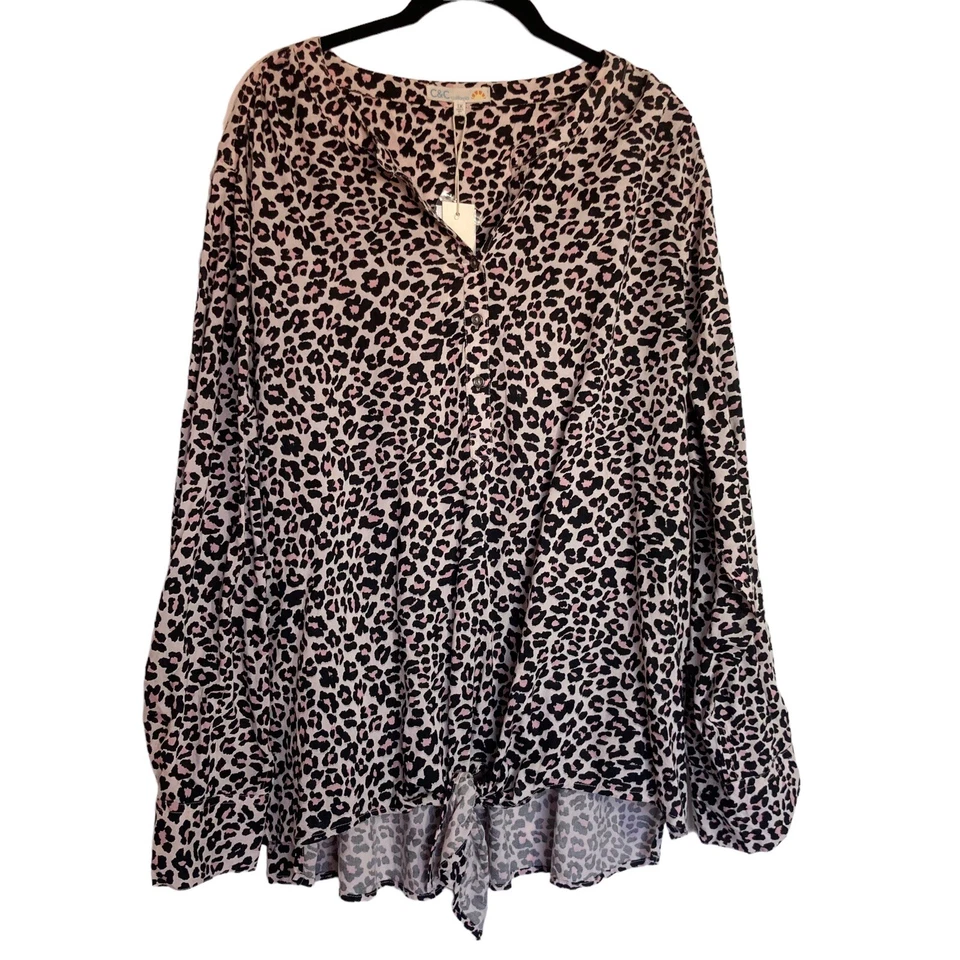 Animal Print Blouse Size 18 1XL Pink Black Shirt Tie Front Detail Long Sleeve - Image 3 of 4