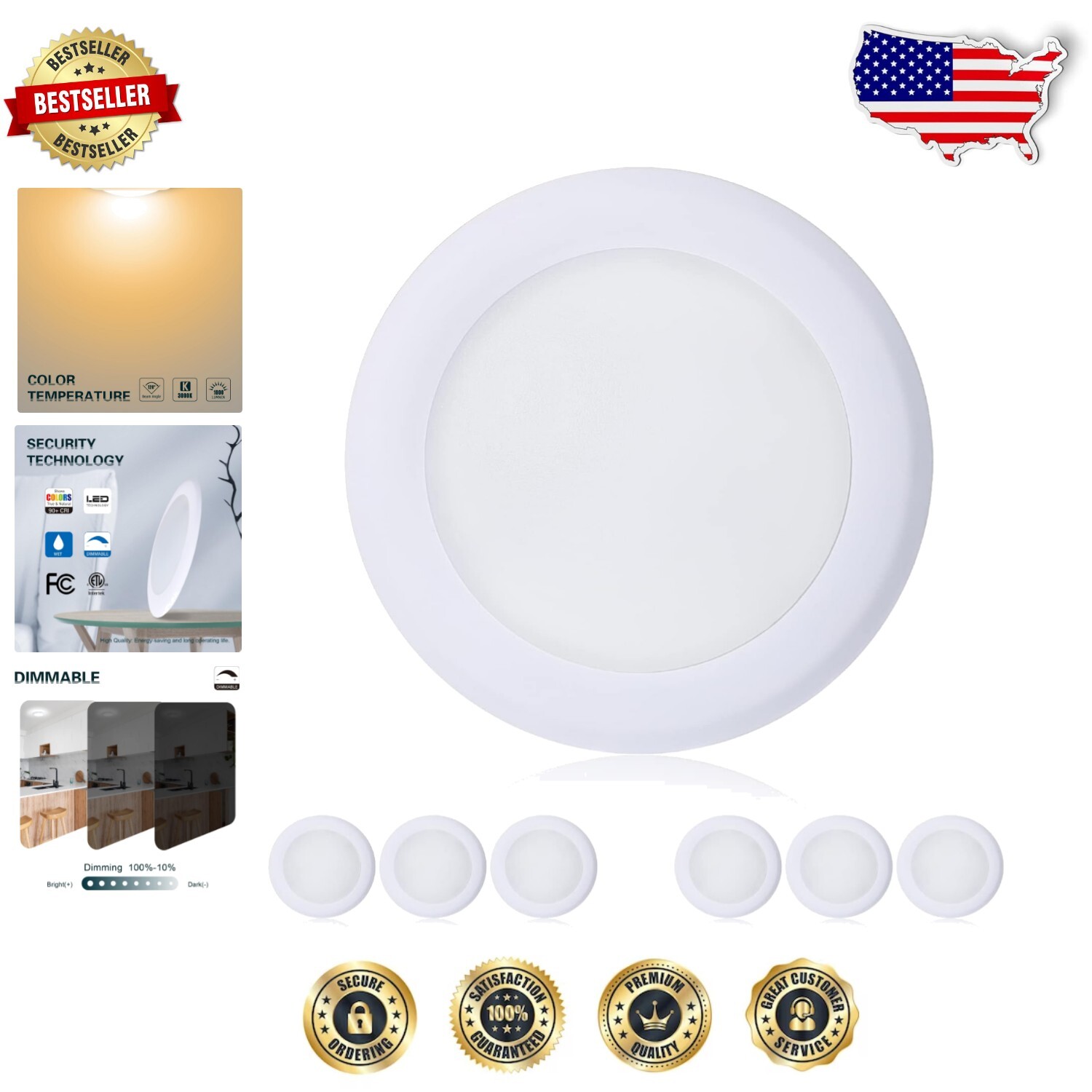 6'' Dimmable Flush Mount Ceiling Light - 15W LED with 1000 Lumens, 6 Pack