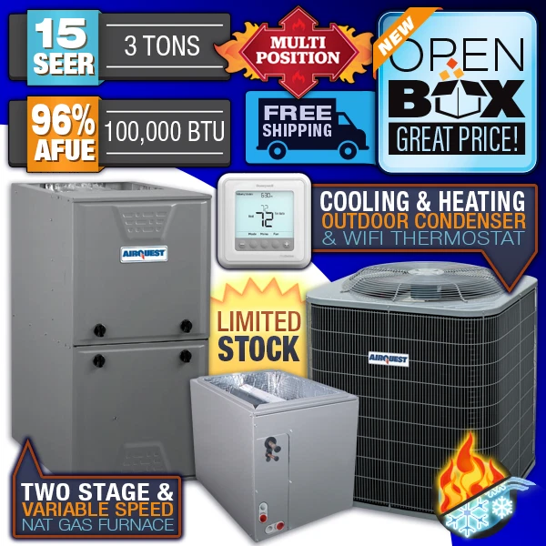 3 Ton 15 SEER 96% 100K BTU AirQuest 2 Stage Gas Furnace u0026amp; AC + Heat Pump  System | eBay