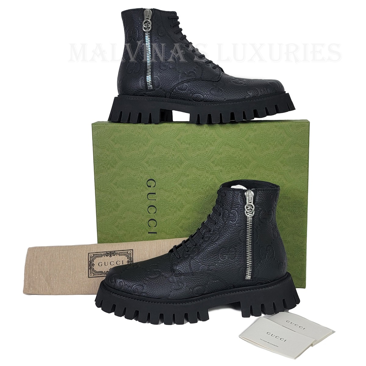 GUCCI BOOTS MENS ANKLE BLACK GG LOGO LEATHER ZIPPER LACE-UP
