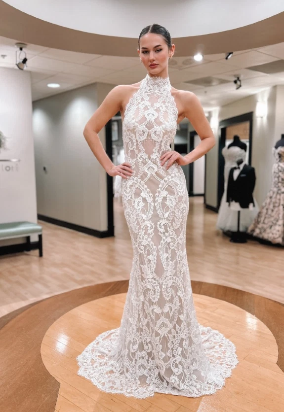 香槟美人鱼婚礼礼服吊带高领性感全蕾丝新娘礼服 — 第 3/4 张图片
