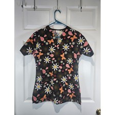 Women's sz S Fundamentals White Swan Brown Orange White Butterfly Scrub Shirt