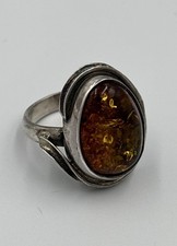 925 Sterling Silver Vintage Real Baltic Amber Modernist Ring Size 7 / 8.7 Grams