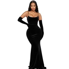 Fashion Nova Formal Black Velvet Maxi Dress Size S Event Cocktail Party Long