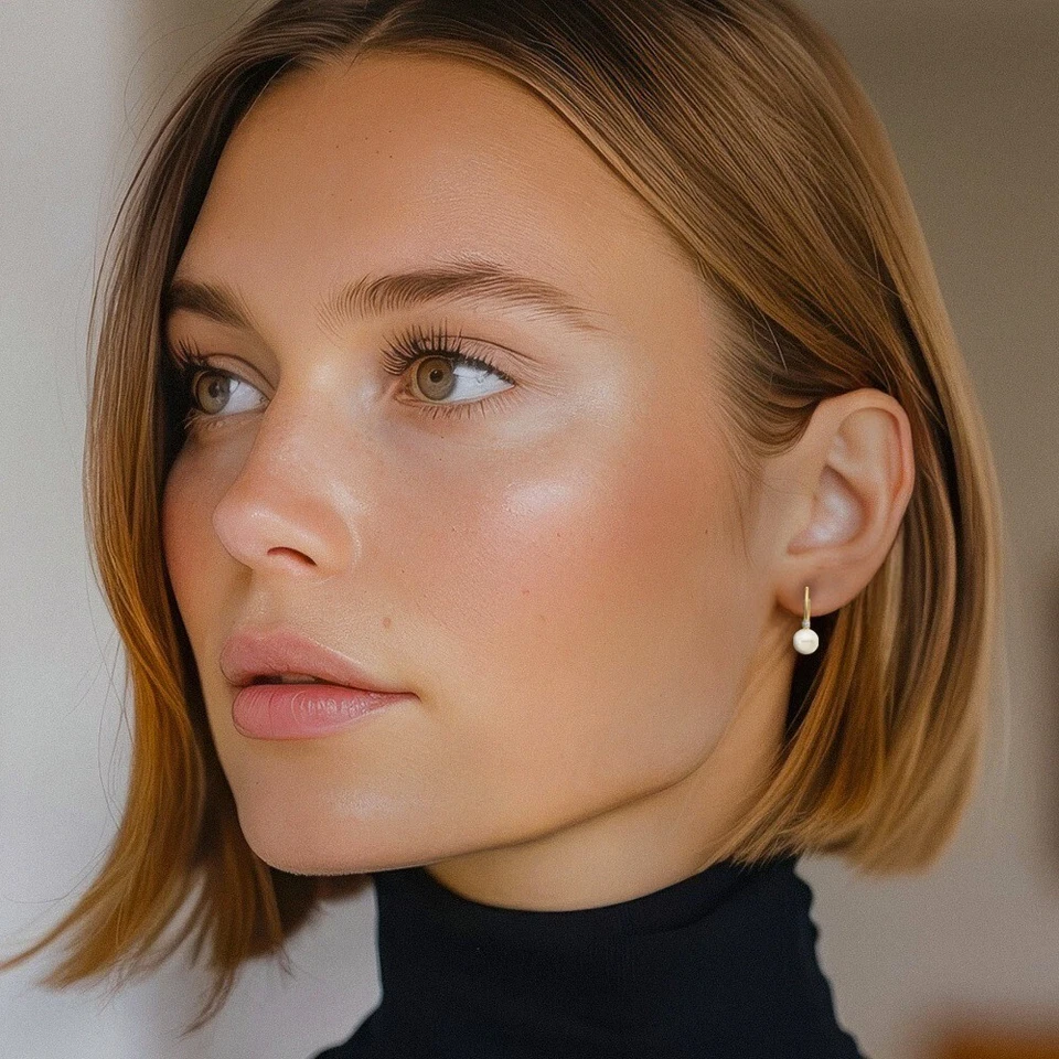 14K Solid Yellow Gold 5mm White Round Freshwater Cultured Pearl Diamond Dangl... - Image 3 of 4