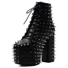 Womens Platform High Block Heel Studded Rivet Lace Up Ankle Boots Shoes Punk