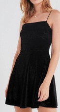 URBAN OUTFITTERS Women's Black Stretch VELVET Mini DRESS Fit Flare Skater XS