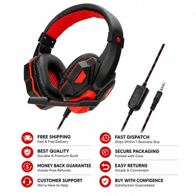 3.5mm Wired Gaming Headset w/ Mic Stereo Bass Headphones PS4 PS5 Xbox PC