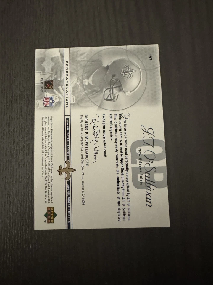 2002 SP Authentic Signed Authentics /1150 #197 J.T. JT O’SULLIVAN Auto Rookie RC - Image 2 of 3