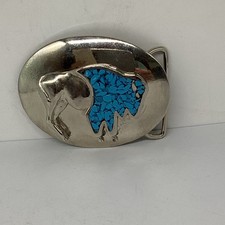 Vintage Buffalo Inlay Belt Buckle With Turquoise Silver Tone 3  