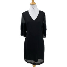 Sam Edelman Dress Womens 0 Black Pleated Tiered Gauzy Sleeve Shift V Neck Lined