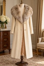 Vintage Grandura Jeshiva Cream Fur Collar Coat Wool Blend 42in