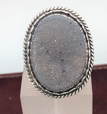Sterling Silver Large Oval Druzy Quartz Ring With Decorative Band Size 7  31.2g