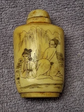 Vintage Chinese Snuff Bottle w/Erotic Scene Scrimshaw Bovine Bone