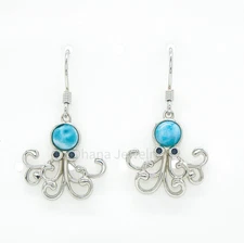 925 Sterling Silver Natural Larimar Dangle Earrings - Hawaiian Octopus