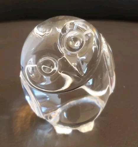 Steuben Glass Crystal Owl Hand Cooler Paperweight Figurine Signed Tilted Head