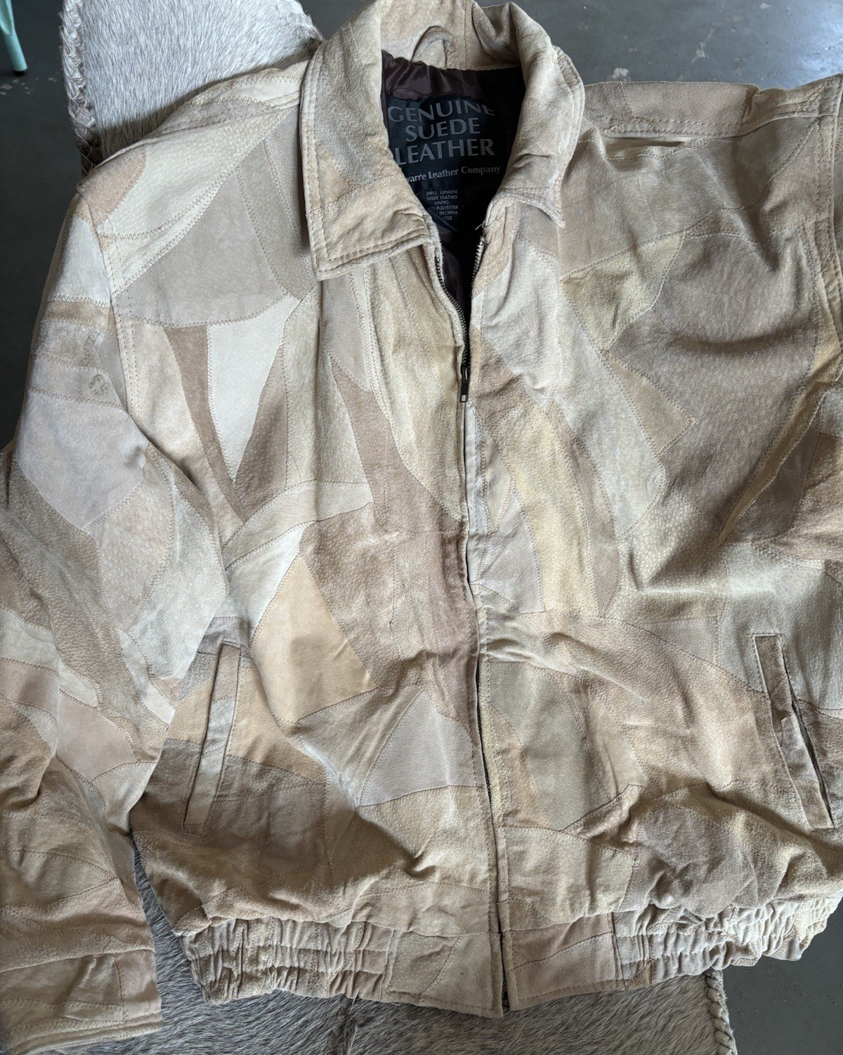 Leather Bomber Jacket Beige Patchwork Suede Navar… - image 1