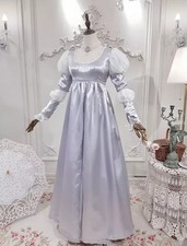 Silver Blue Regency Era Evening Gown Empire Waist Puff Long Sleeve Satin Vintage