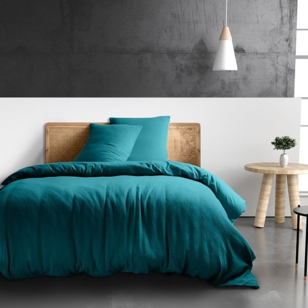 Housse de couette 240x260 cm gaze de coton bleu enamel : fini le repassage du linge de lit