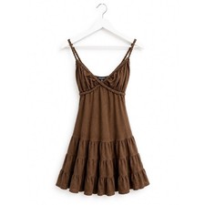Vintage Guess Jeans Y2K Brown Braided Tiered Ruffle Mini Dress Medium USA Made