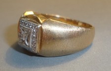 Vintage Men's 14k Yellow Gold Ring Solitaire Diamond Brush Finish 6.7g Sz. 9.25