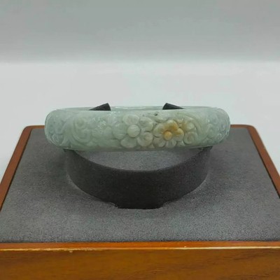 Burmese Jade Bangle Carved Flower White Light Green Yellow Dots Beautiful 59 mm