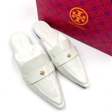 Tory Burch Delicate Logo Pointed Backless Loafer Patent Pearl White Mule Sz 9.5