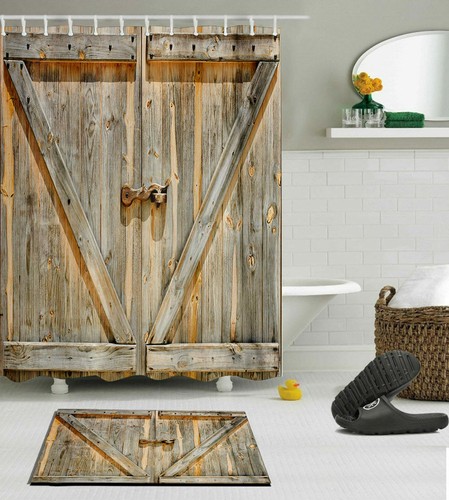 Rustic Retro Barn Wood Door Fabric Shower Curtain Set Bathroom Mat Decor Hooks - Picture 18 of 19