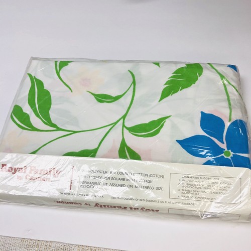 Vtg Royal Family Cannon Full Sheet Set No Iron Percale Bed Bright Flowers USA - Picture 4 of 8