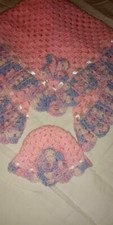 Handmade Crochet Baby Afghan Crib Blanket 35"x35" w/Hat Pink Blue Satin Ribbon