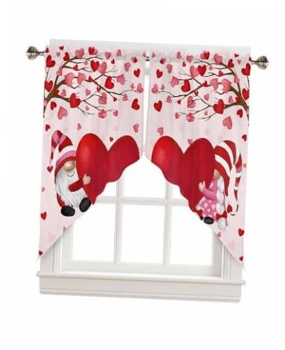 Valentine's Day Kitchen Curtains Heart Tree Window Valance Set,Romantic Gnomes