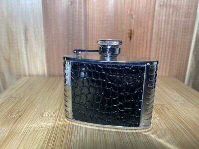 Stainless Steel & Faux Black Crocodile/Alligator Hip Flask 4oz