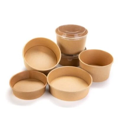 Kraft Deli Bowls Disposable Round Kraft Salad Bowls & Reusable Lids Takeaway Box