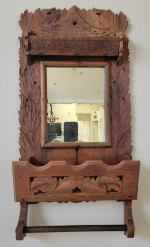Antique Eastlake Bathroom Shaving Mirror Shelf Pocket Towel Bar 1800s