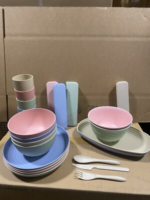 32 pc Wheat Straw dinnerware Set plates, bowls, cups, and Utensils Eco Friendly