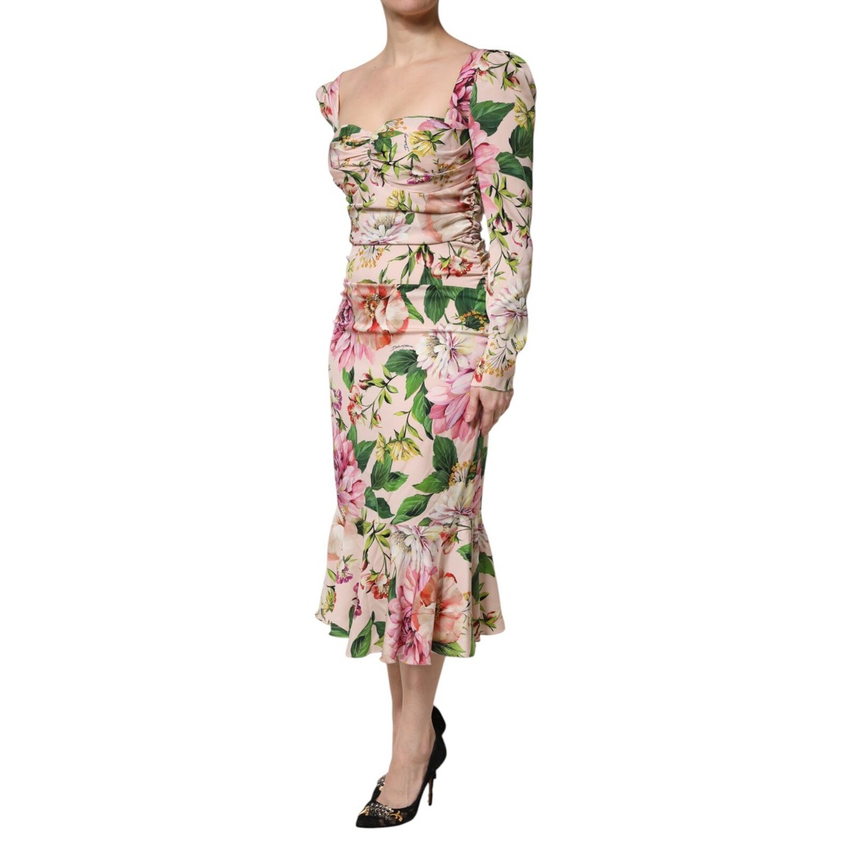 DOLCE & GABBANA Dress Pink Floral Silk Fit And Flared Midi