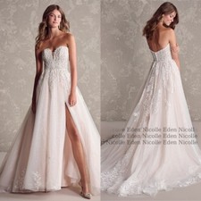 Sexy A-Line Wedding Dresses Strapless Side Slit Lace Applique Beach Bridal Gowns