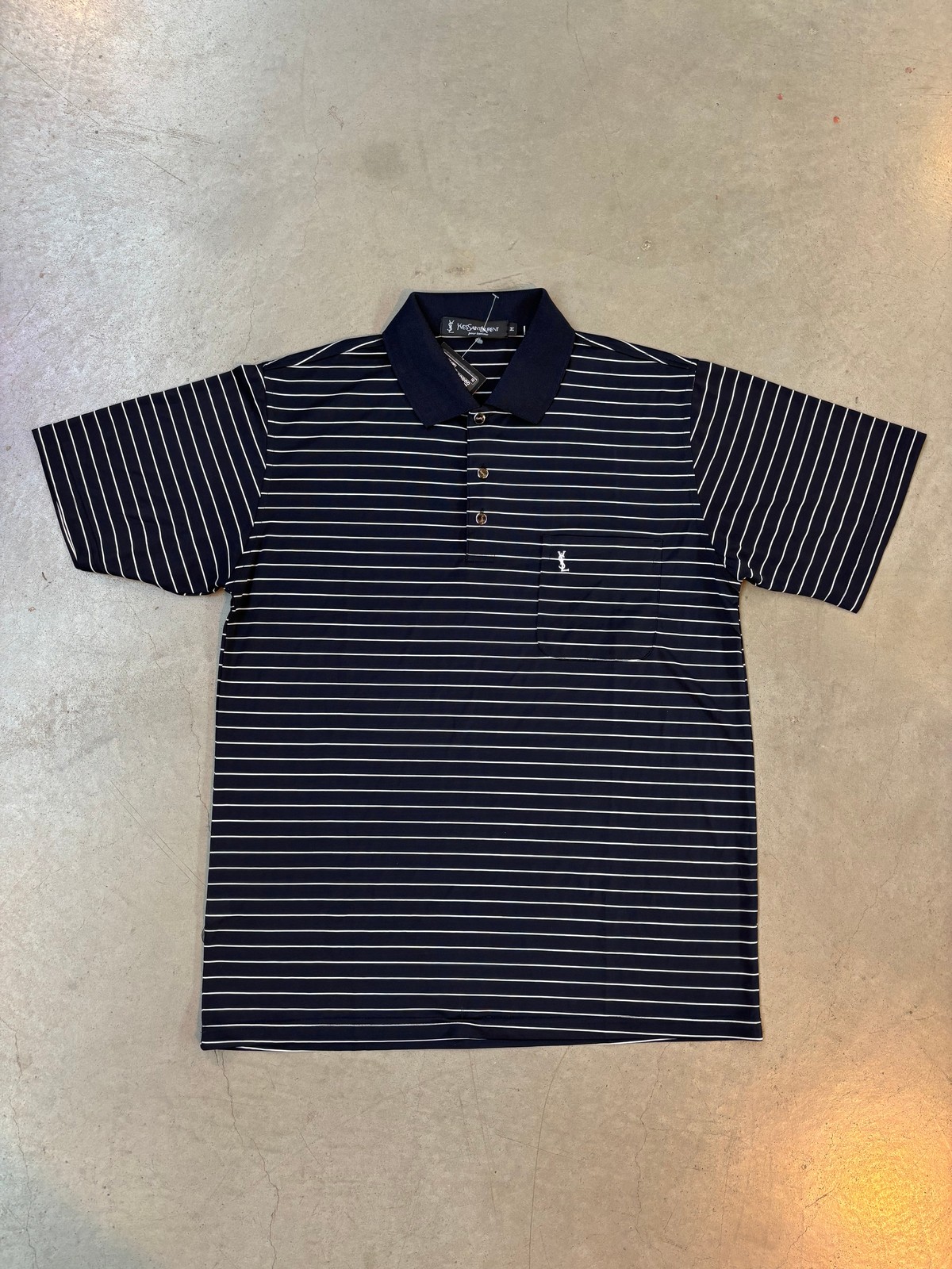 SAINT LAURENT Polo YSL uomo vintage blu navy a righe con colletto e logo nero