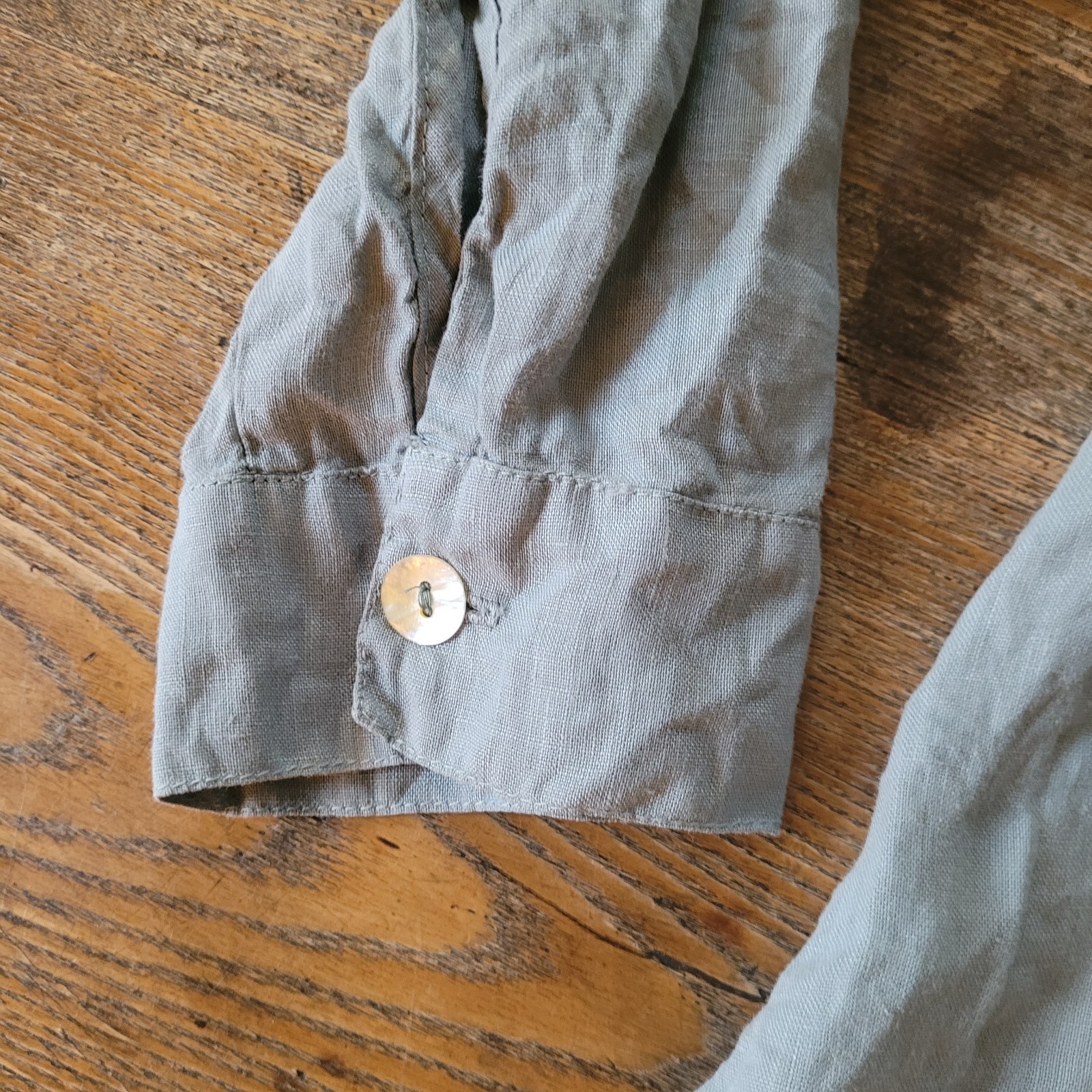 Matchpoint USA Linen Button Shirt L Blue Ruffle Boxy Lagenlook Coastal Beachy