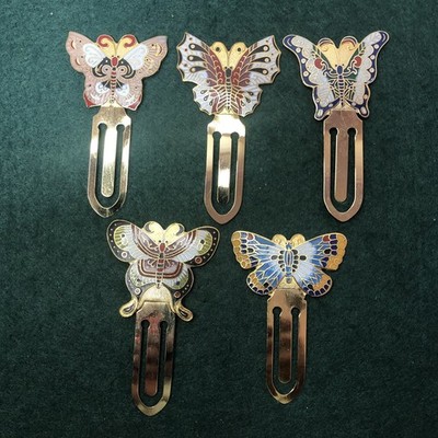 5 Cloisonné Enamel Fancy Butterfly Bookmarks Colorful Gold Tone Moth Lot