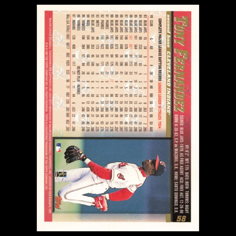 Tony Fernandez #58 1997 Topps Cleveland Indians Baseball Card MLB NM - Image 2 of 3