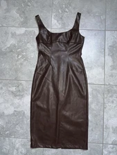 Commense Faux Leather Sleeveless Dress Midi Sheath Tank Dress Classy Brown M