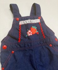 Vintage 70s Health-tex Denim Overalls 24 Months Baby Girl Strawberry Embroidery
