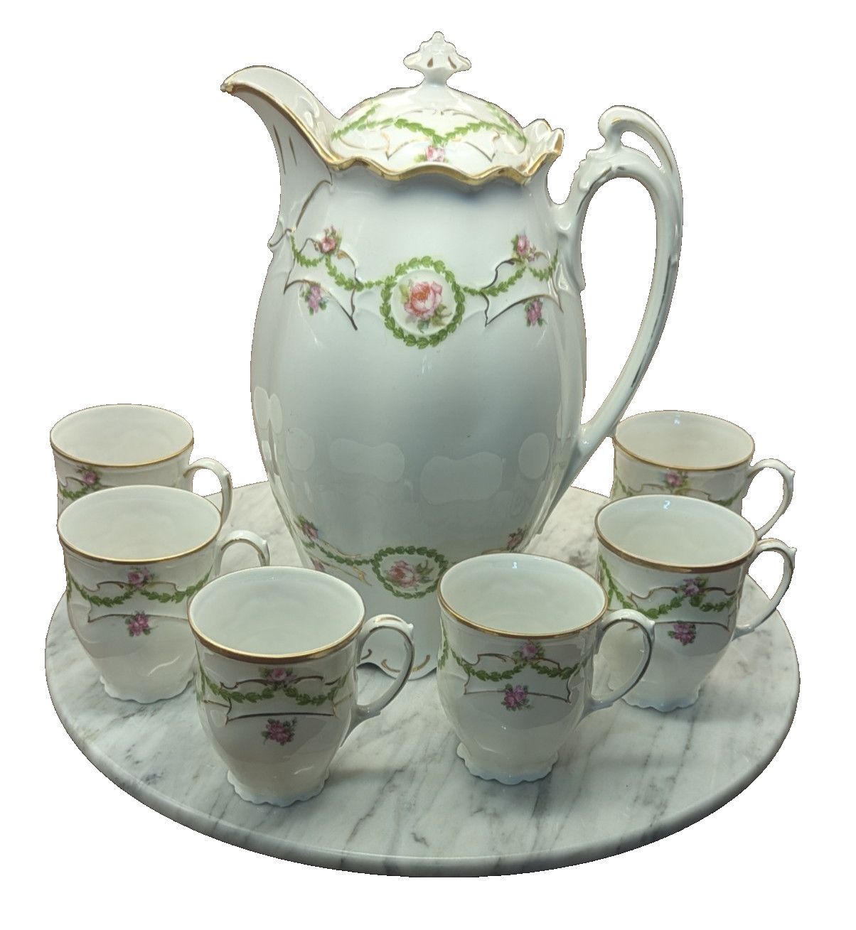 Antique M.Z. Austria Porcelain Chocolate Pot Set 6 Cups Laurel Garland Rose 