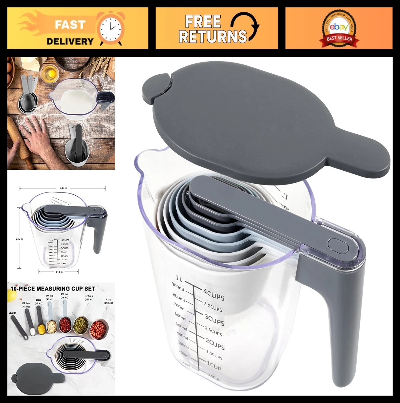 10-Piece Measuring Cups & Spoons Set, Stackable with Lid, BPA-Free, Dishwasher S