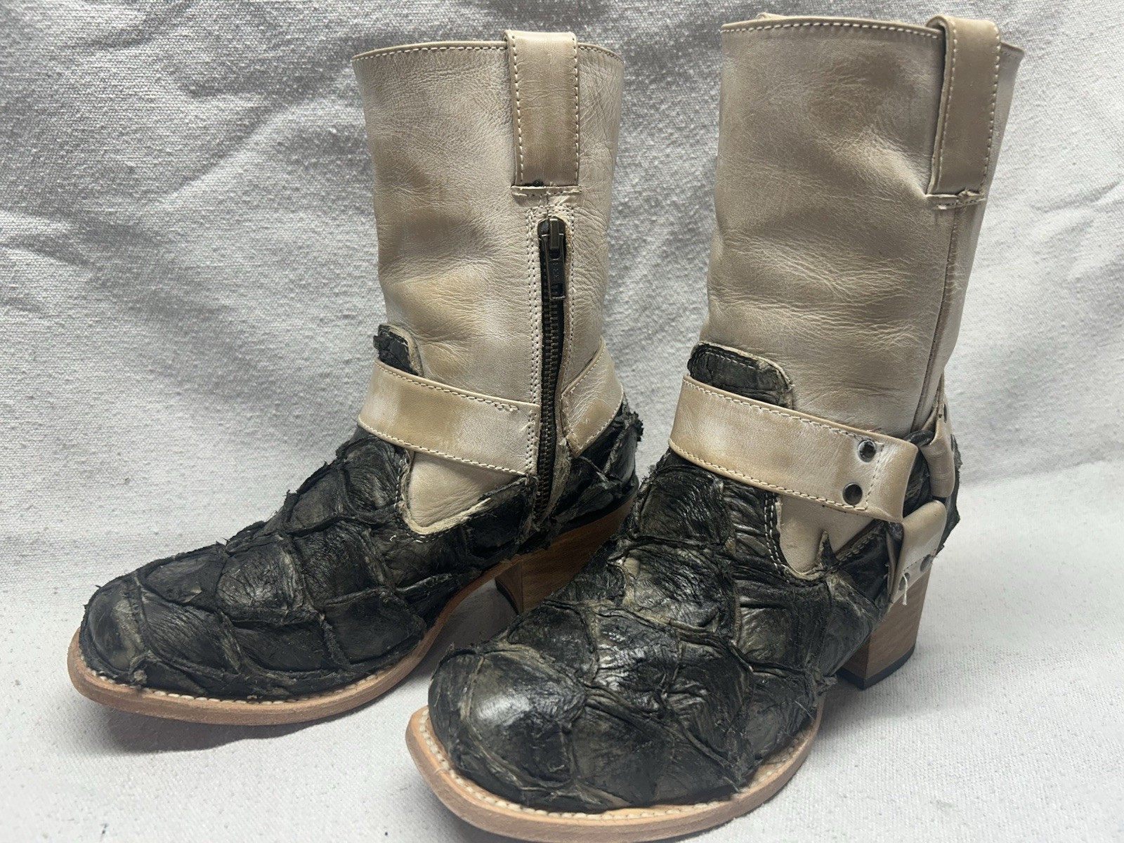 Freebird Darcy Tan & Black Leather Fish Piracuru Harness Zipper Boots Women's  7