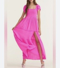 BNWT LoveShackFancy Alohl Smocked Seersucker Maxi Dress - XS (6 AU/2 US) Fushcia